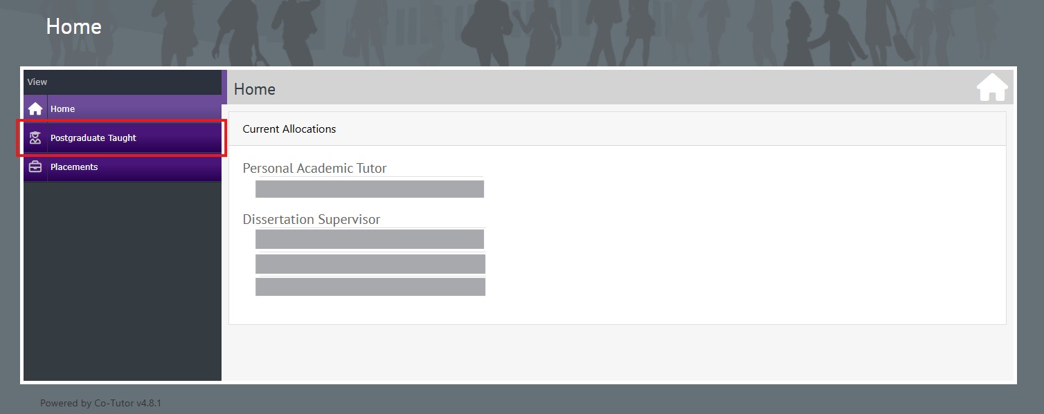 Screen grab of Co-Tutor dashboard for Postgraduate Taught students.